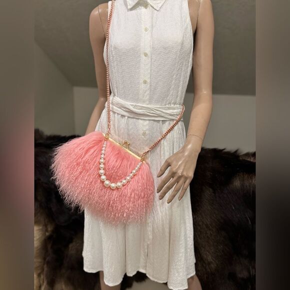 Pink Real Mongolian Lamb Fur Handmade Kisslock Wristlet/Shoulder Bag/Crossbody - Picture 7 of 16